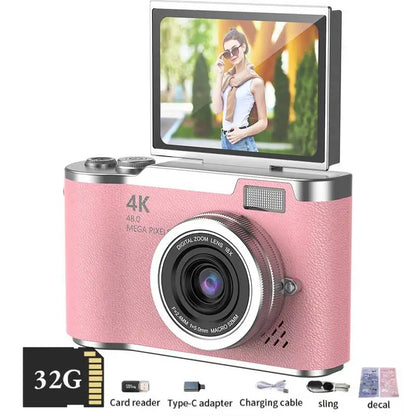 4K Digital Camera Beauty Filters 48MP HD Student CCD Camera CMOS anti Shake 180° Flip Screen Selfie Camera for Kids Adults Gift
